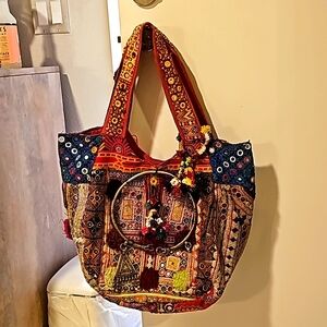 Indian handmade oversized beach bag. Intricate rainbow color/gold embroidery.